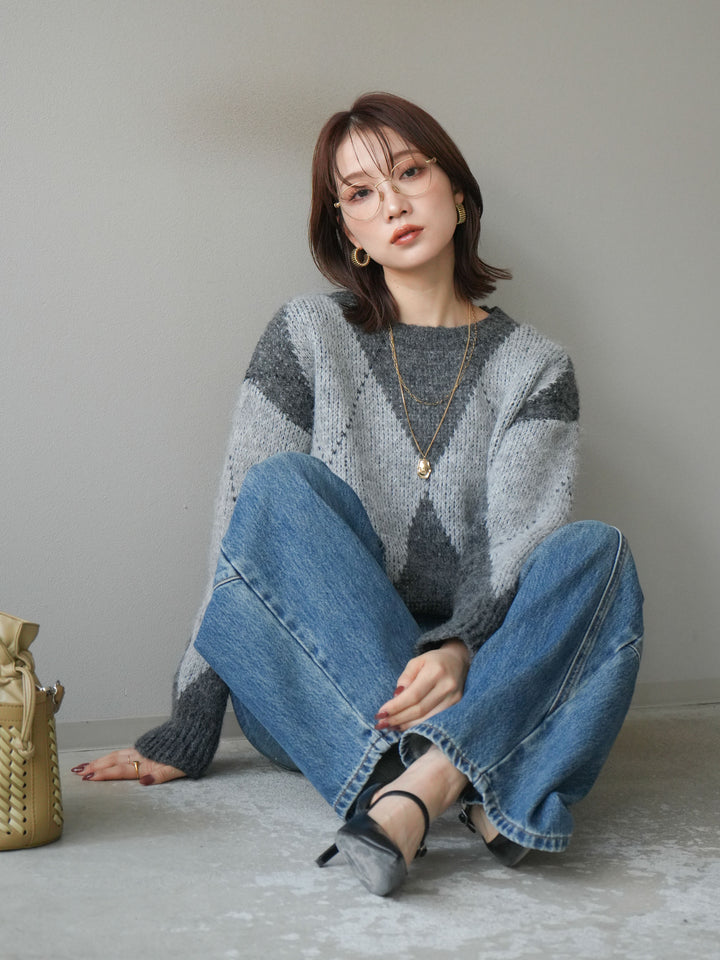 [予約]アーガイルオーバーニットプルオーバー/gray