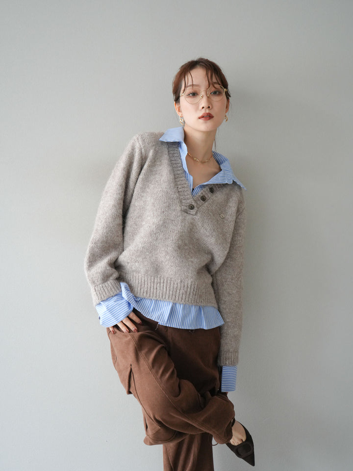 [予約]ストライプシャツドッキングMIXヤーンニットプルオーバー/beige