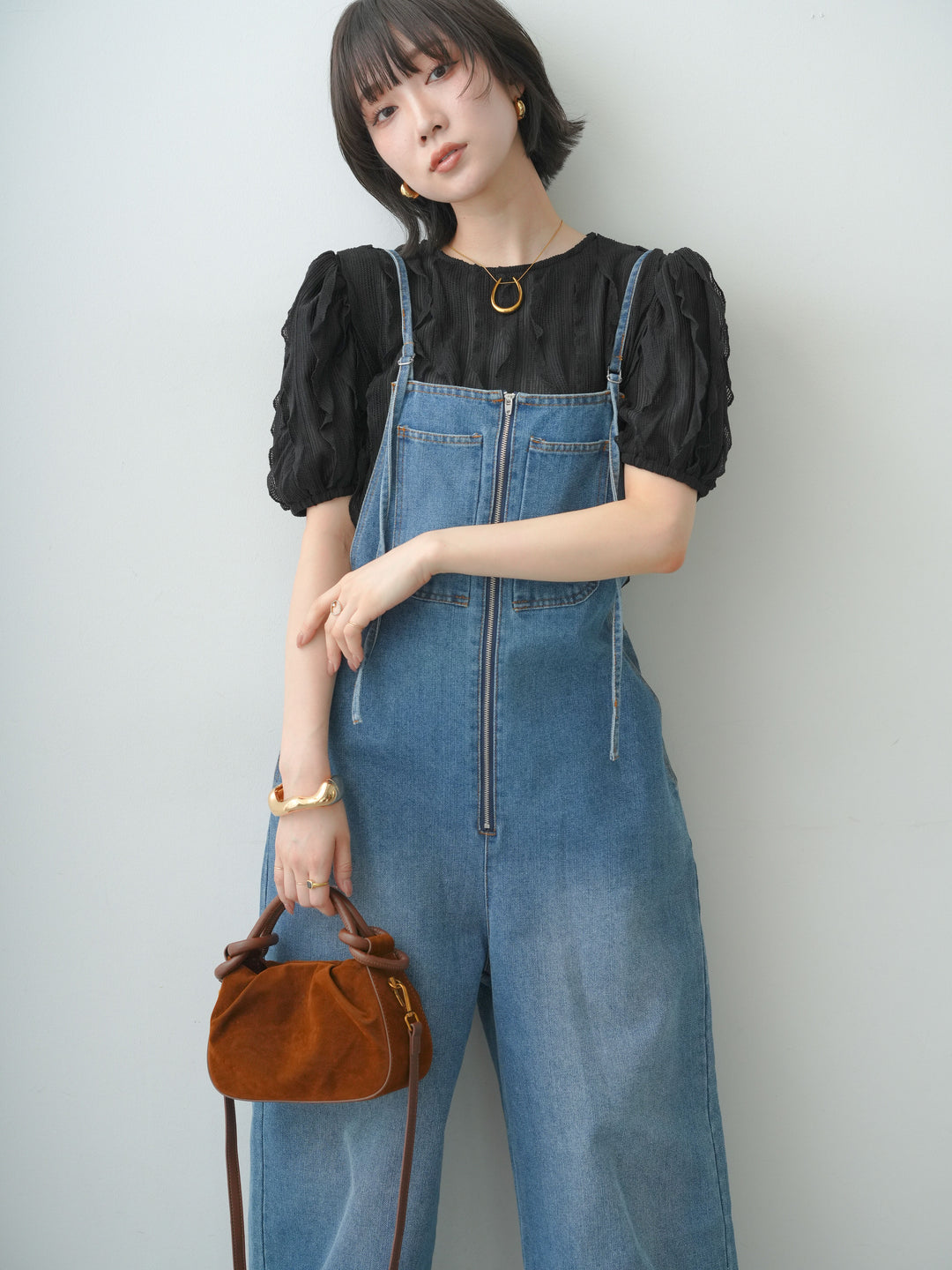 [SET]フロントジップデニムサロペット+ウェーブフリルニットトップス(2set)