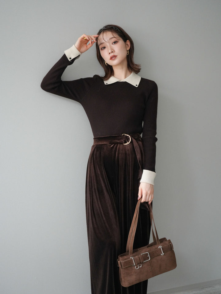 [予約]ニットカフス襟付き配色リブニットトップス/brown