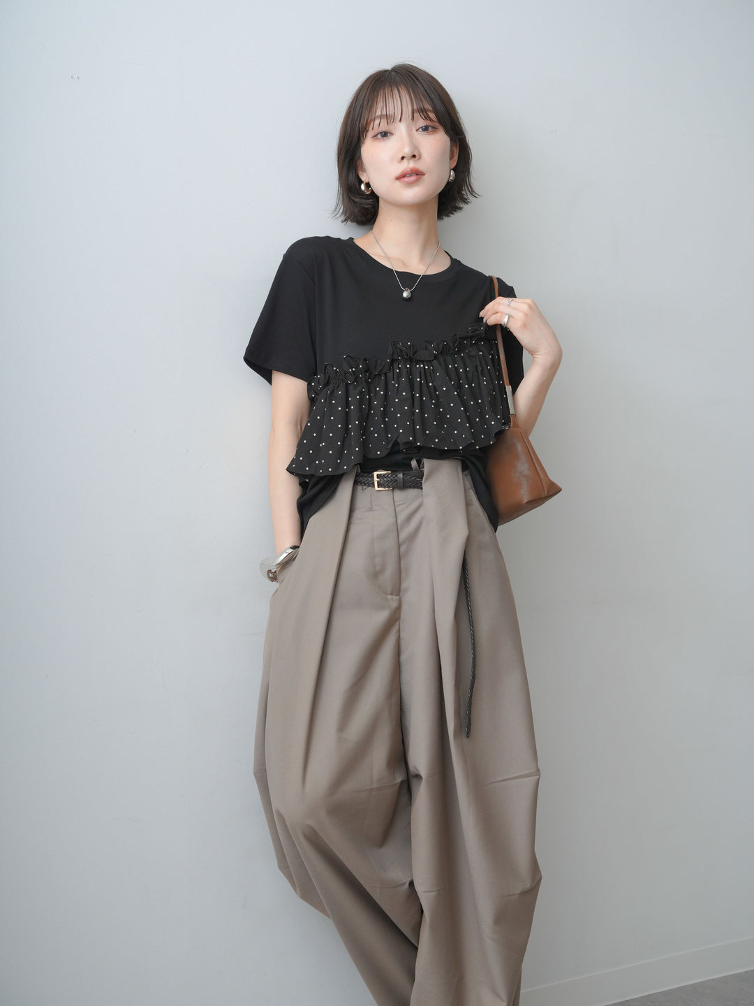 [SET]ドットギャザーフリルデザインTEE+選べるアクセセット(2set)
