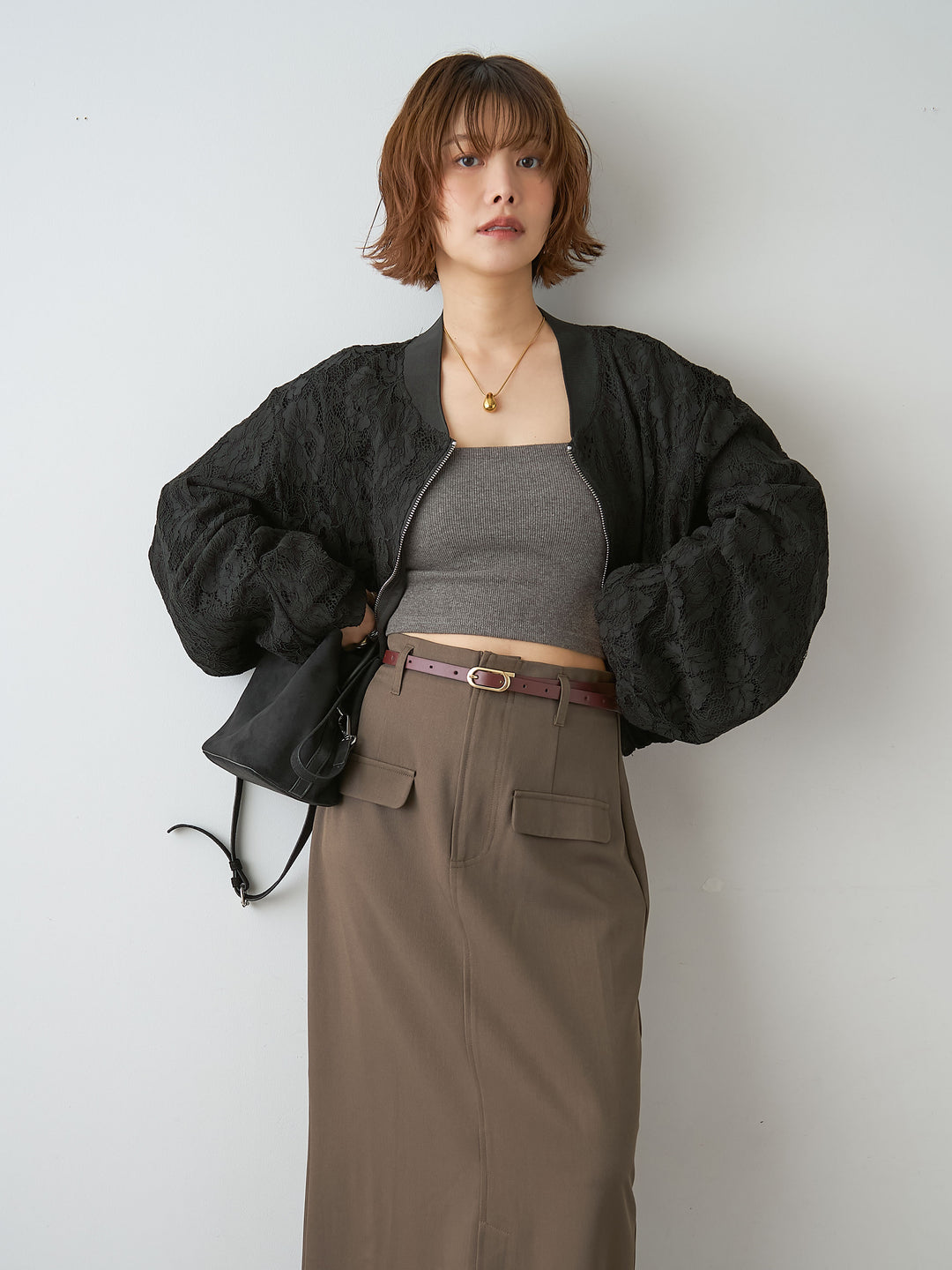 [SET]レースブルゾン+クレープデシンフラップ付きストレートスカート(2set)