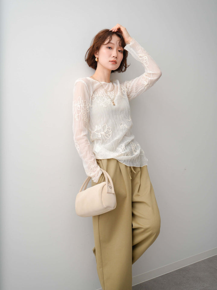 [SET]コード刺繍シアーロングスリーブトップス+選べるアクセセット(2set)