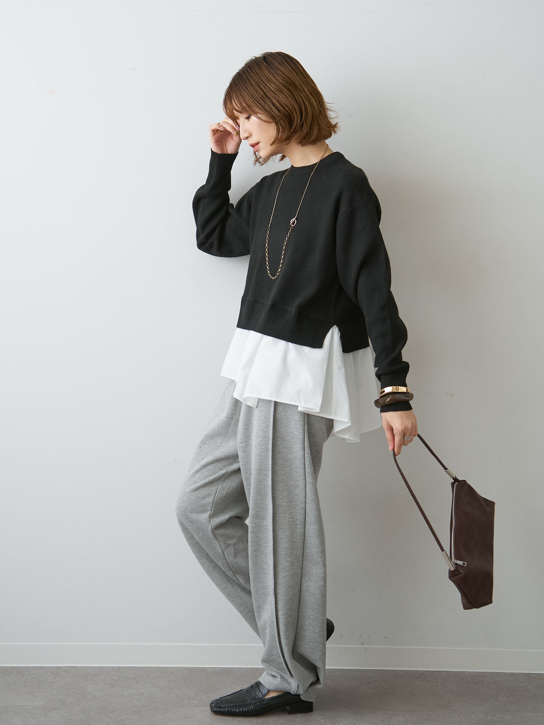 [SET]アシンメトリーシャツレイヤードニットプルオーバー+2WAYデザインスウェットパンツ(2set)