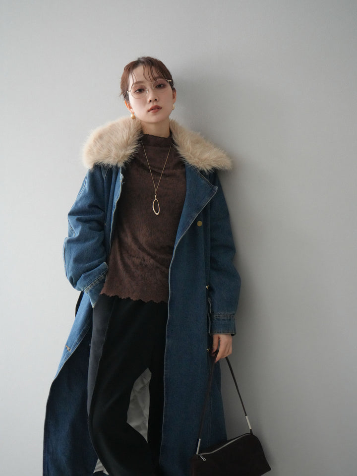 [予約]ファー襟デニムロングコート/blue