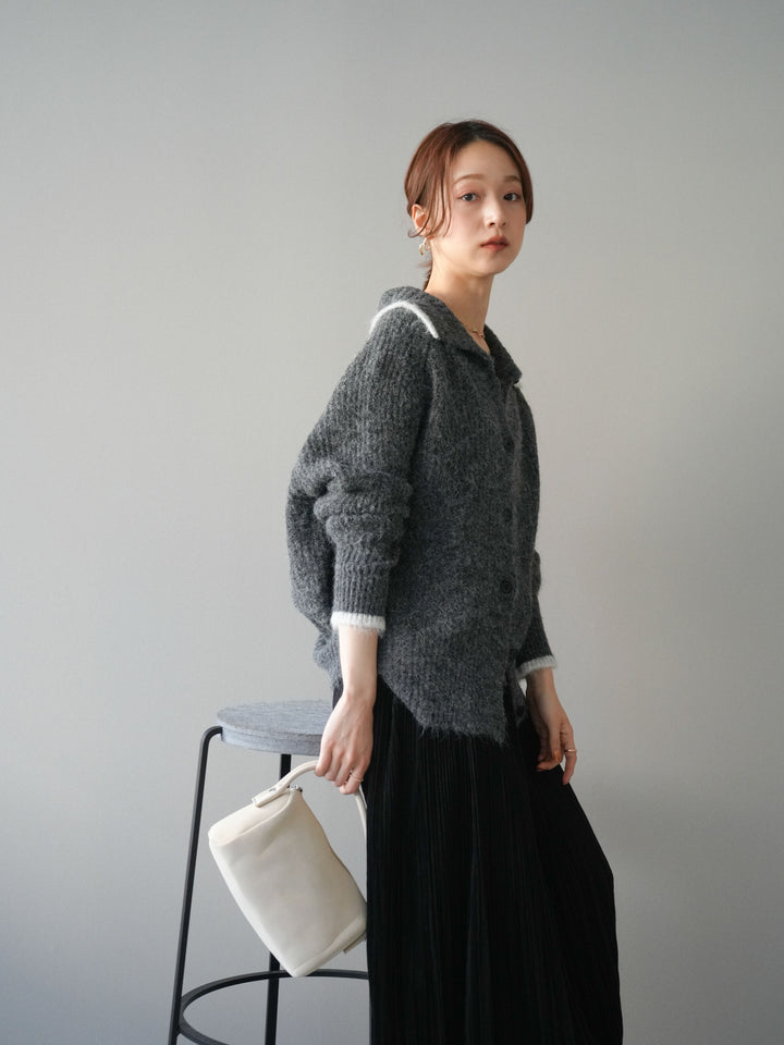 [予約]襟付きバイカラーミックスニットカーディガン/gray