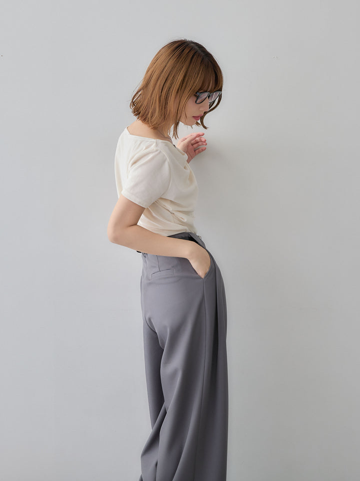 [SET]アシメネックシアーベロアトップス+ベルトループデザインワイドパンツ(2set)