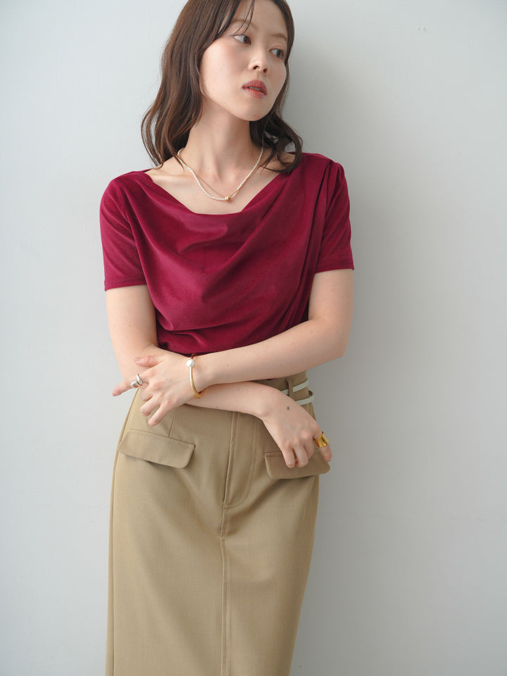 [SET]アシメネックシアーベロアトップス+クレープデシンフラップ付きストレートスカート(2set)
