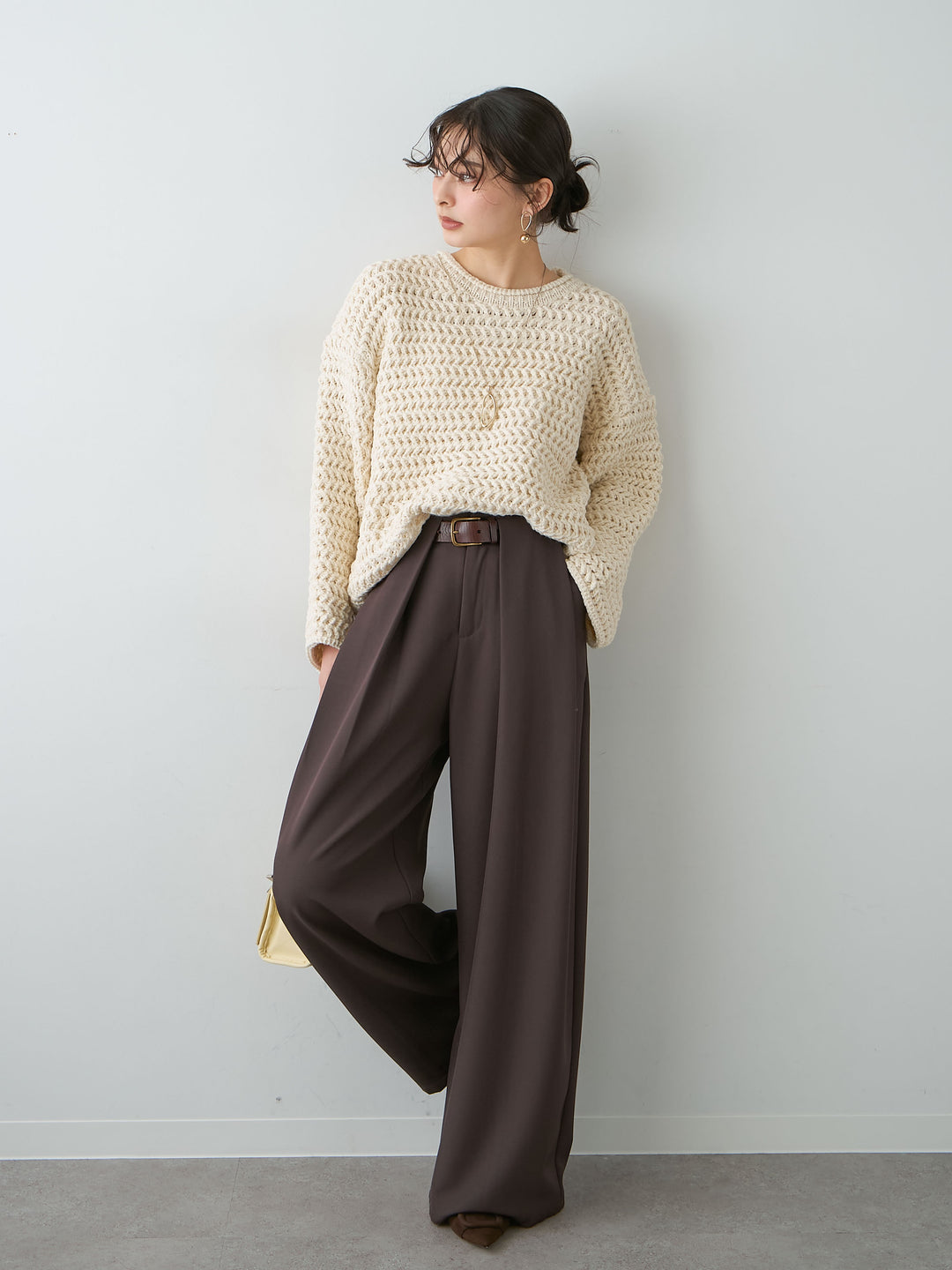 [SET]立体ヘリンボーン編みニットプルオーバー+ベルトループデザインワイドパンツ(2set)