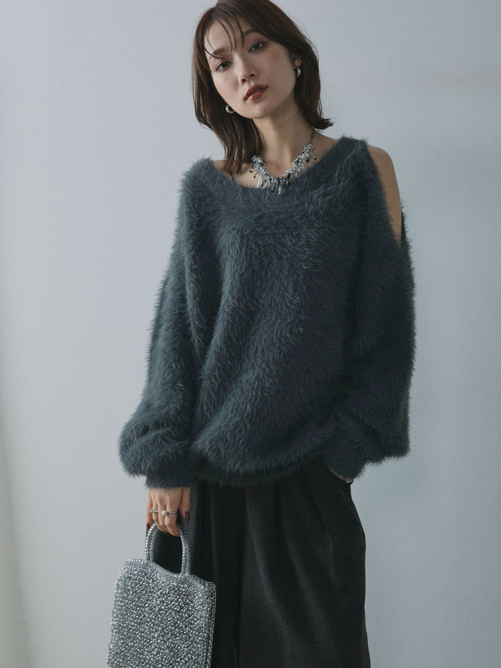 【Allure】[SET]ショルダースリットシャギーニットプルオーバー+スカーフ付ワイドパンツ(2set)