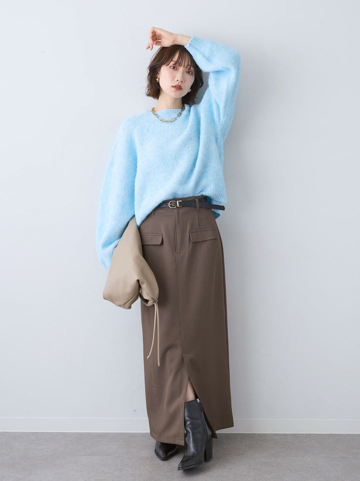[SET]ソフトシャギーニットプルオーバー+クレープデシンフラップ付きストレートスカート(2set)