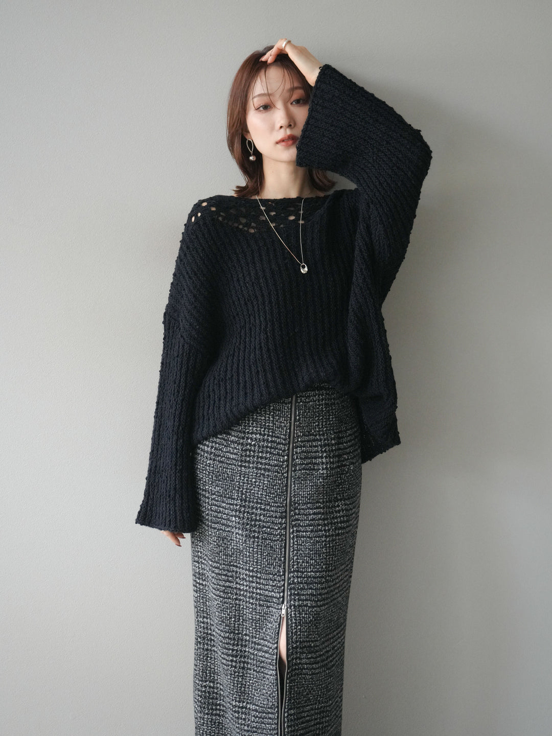 [予約]ボートネック透かし編みニットプルオーバー/navy