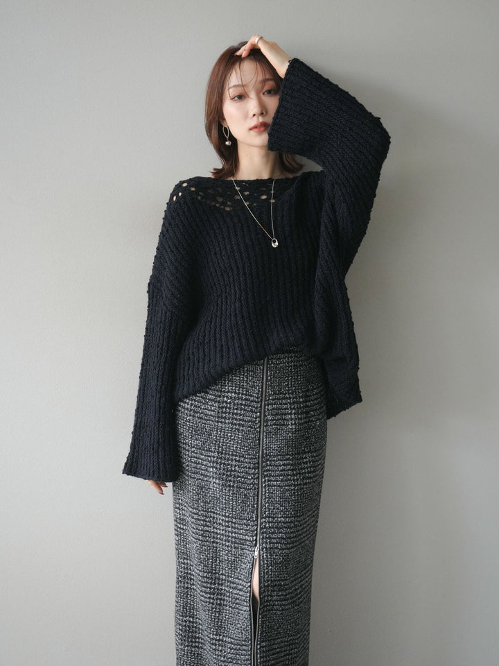 [予約]ボートネック透かし編みニットプルオーバー/navy