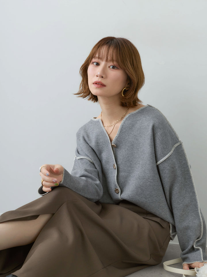 [SET]バイカラーステッチメタルボタンカーディガン+選べるアクセセット(2set)