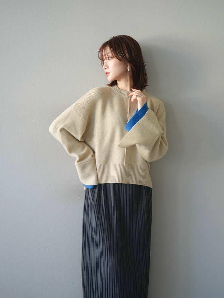[SET]袖レイヤード配色ニットプルオーバー+プリーツIラインスカート(2set)