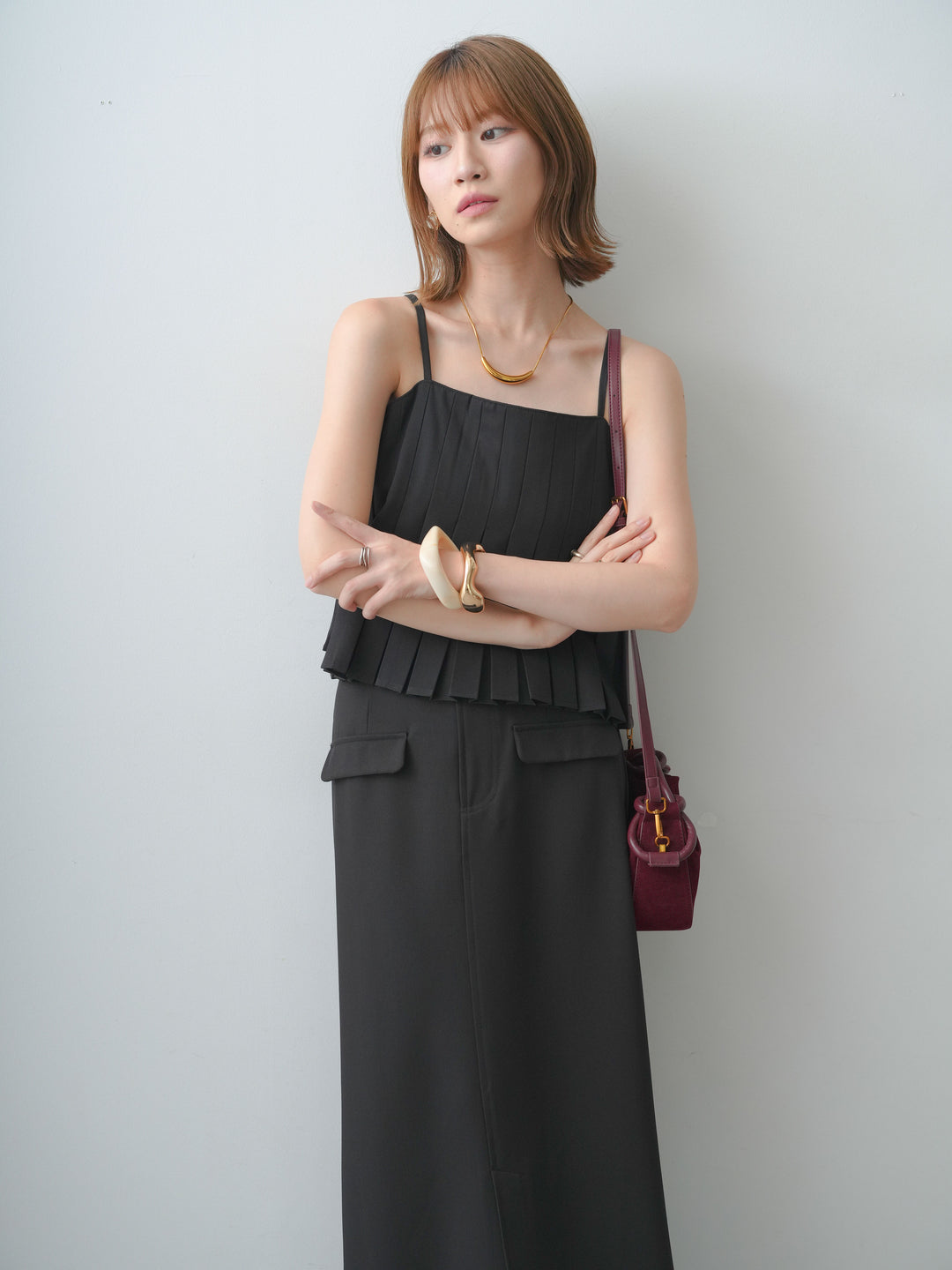 [SET]クレープデシンタックキャミソール+クレープデシンフラップ付きストレートスカート(2set)