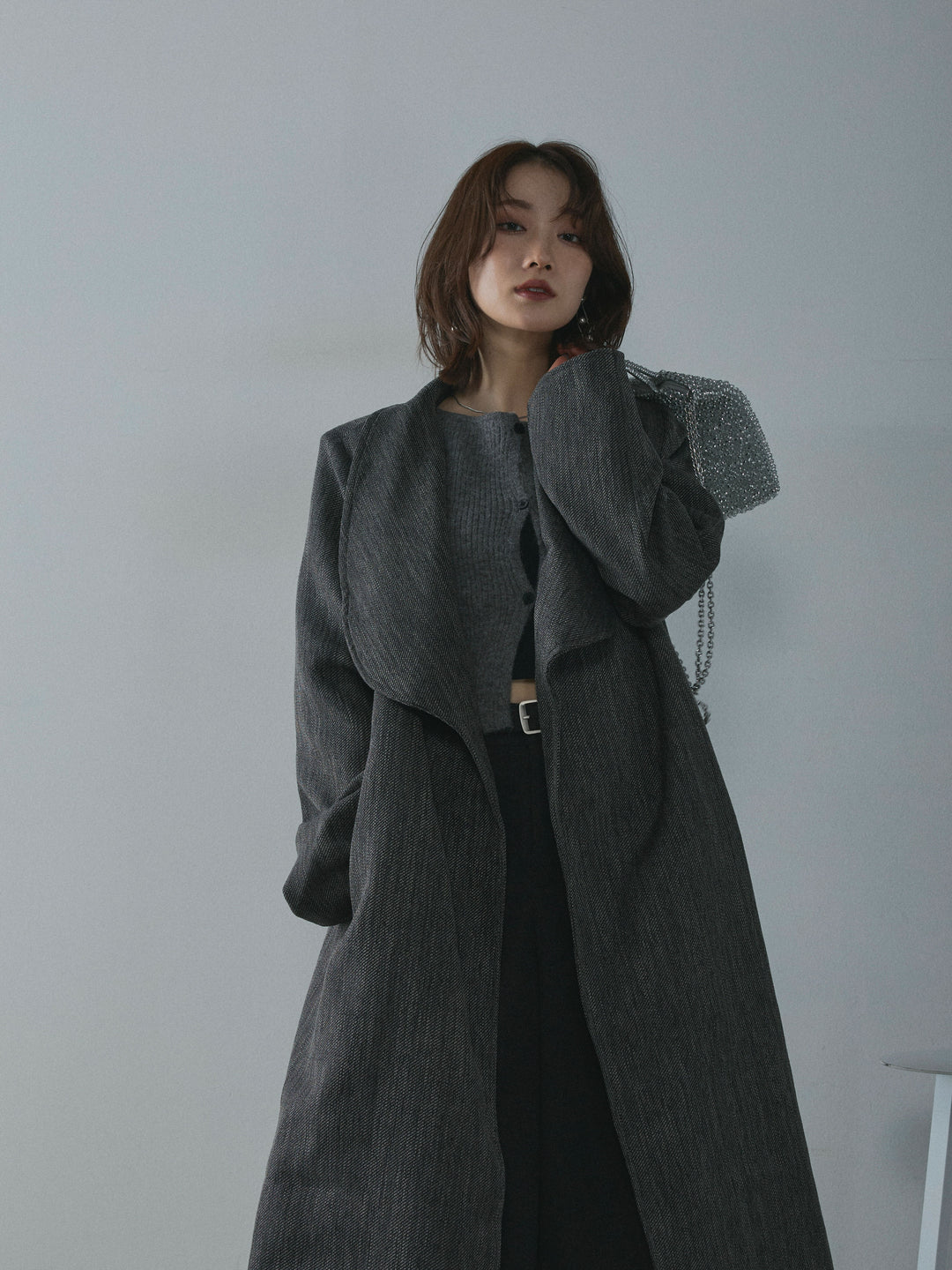 【Allure】[SET]ツイードタッチロングコート+デザインショートニットカーディガン(2set)