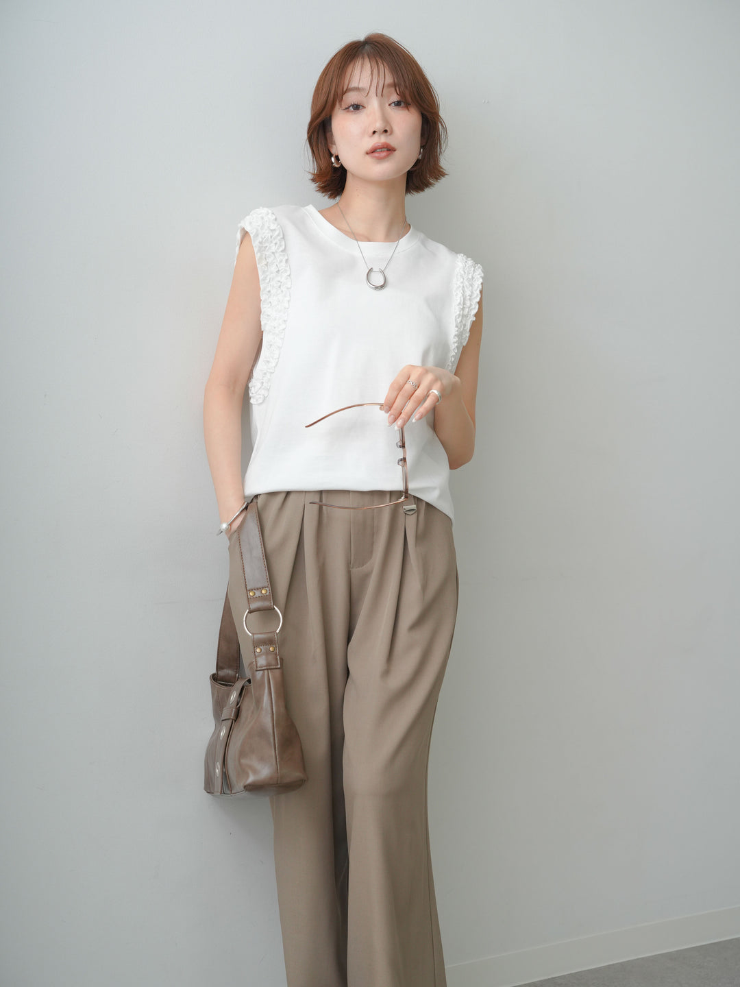 [SET]ホイップフリルフレンチTEE+ベルト付キーホルダーモチーフワイドパンツ(2set)