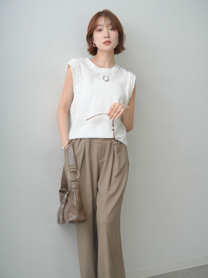 [SET]ホイップフリルフレンチTEE+ベルト付キーホルダーモチーフワイドパンツ(2set)