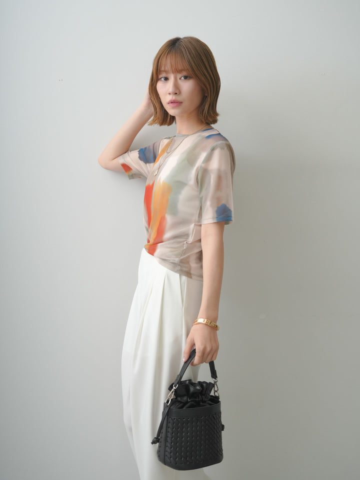 [予約]水彩柄メッシュシアー半袖プルオーバー/ivory