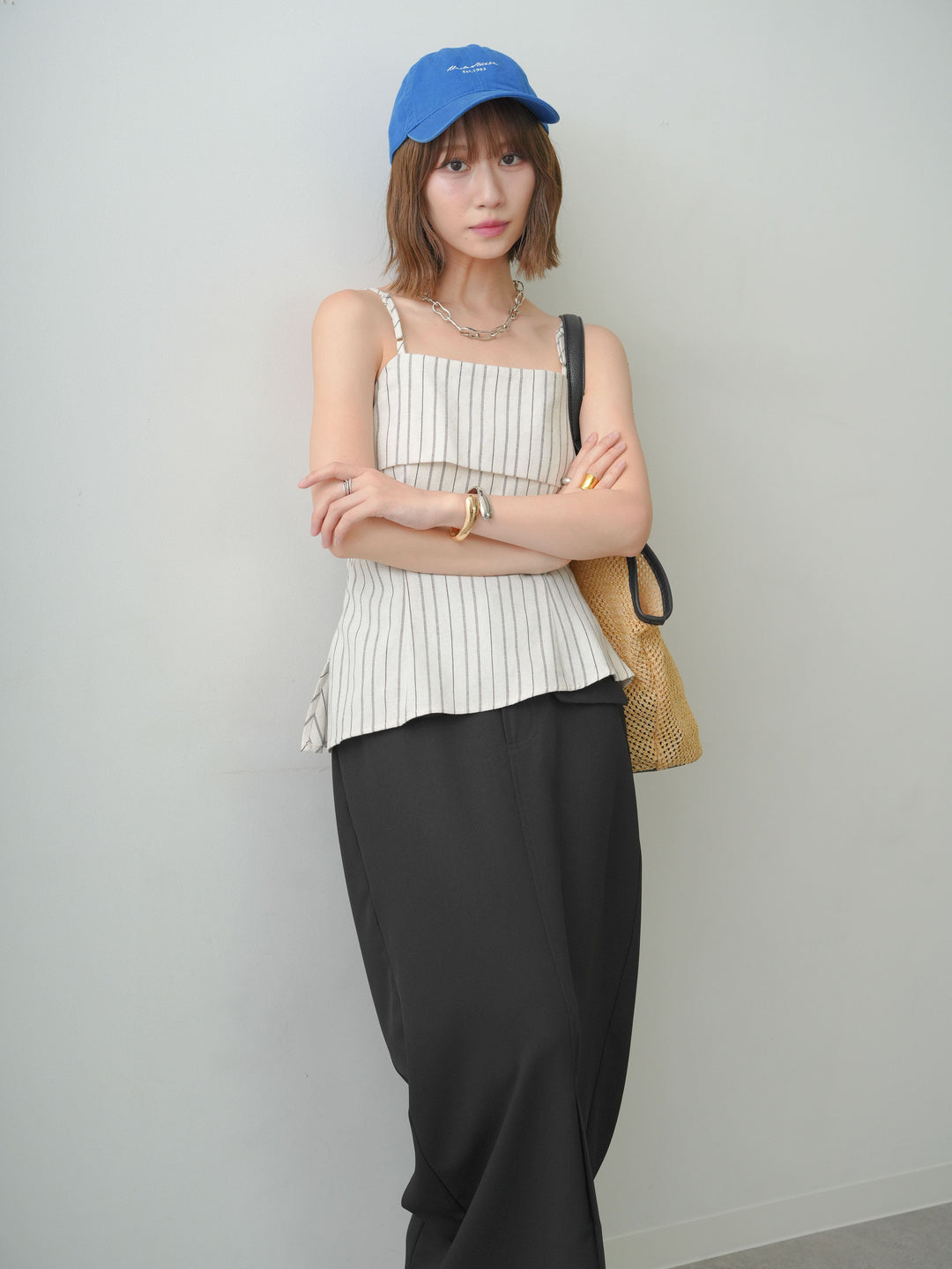 [SET]ストライプアシメキャミソール+クレープデシンフラップ付きストレートスカート(2set)