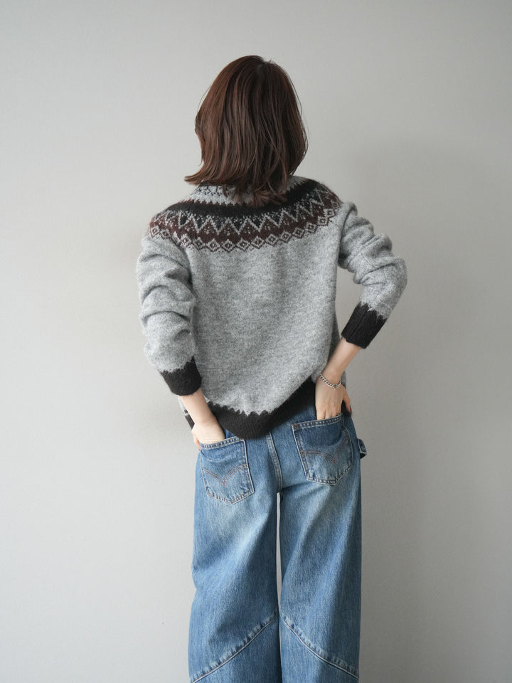 [SET]ノルディック柄ニットカーディガン+ペインターカーブデニムパンツ(2set)