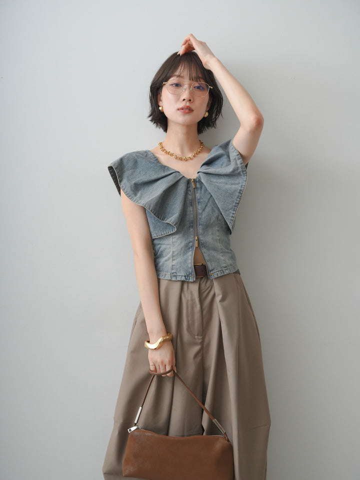 [SET]フロントジップフリルカラーデニムトップス+ショルダータックノースリーブオーバーTEE+ベルトループカーブタックワイドパンツ(3set)