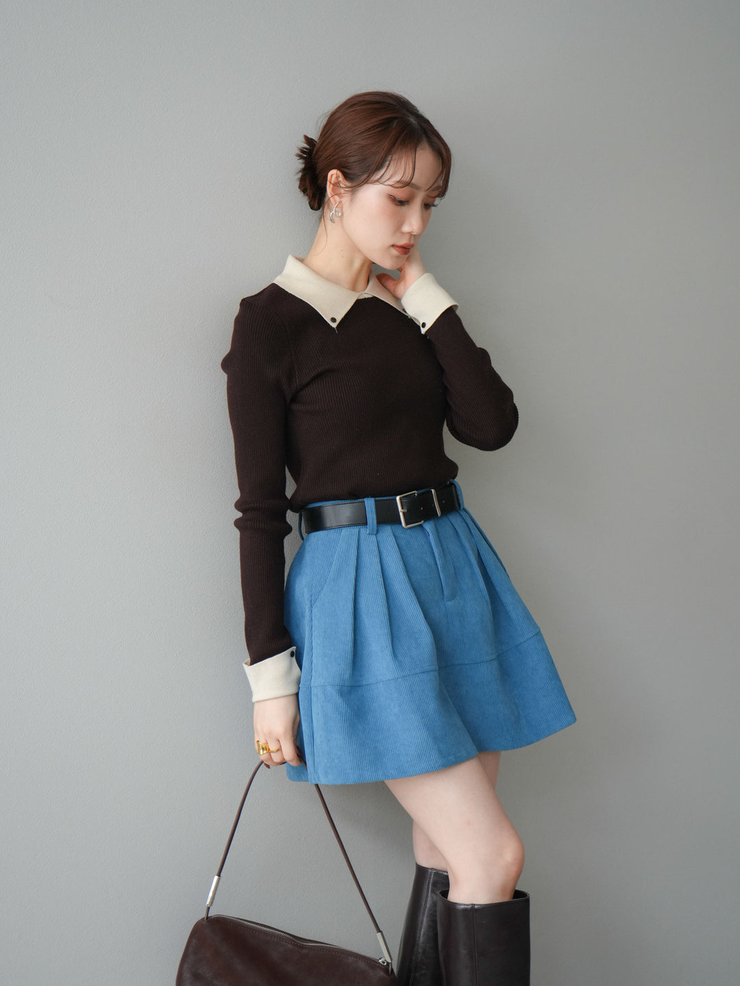 [予約]ニットカフス襟付き配色リブニットトップス/brown