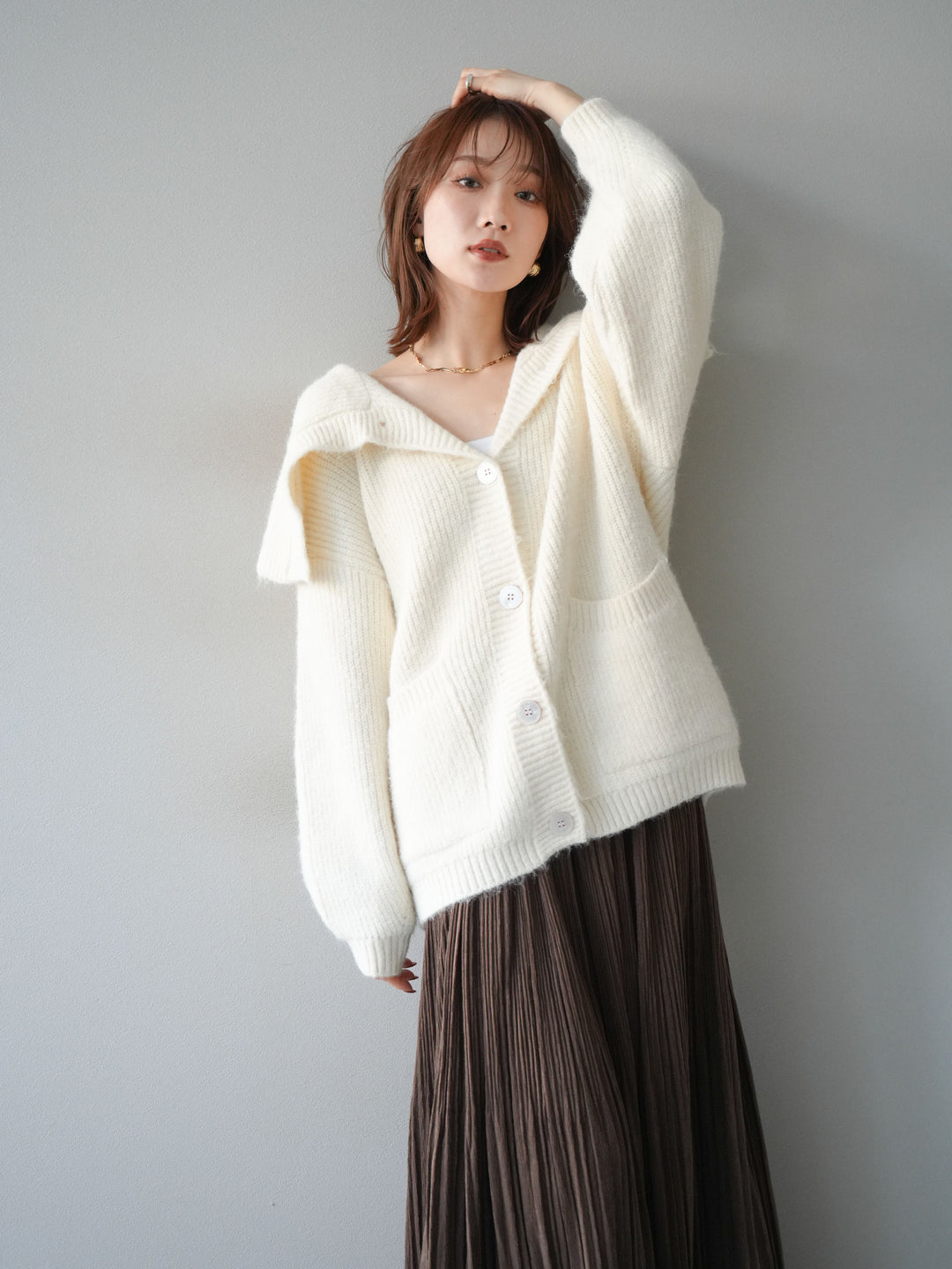 [予約]襟付きボタンオーバーニットカーディガン/ivory