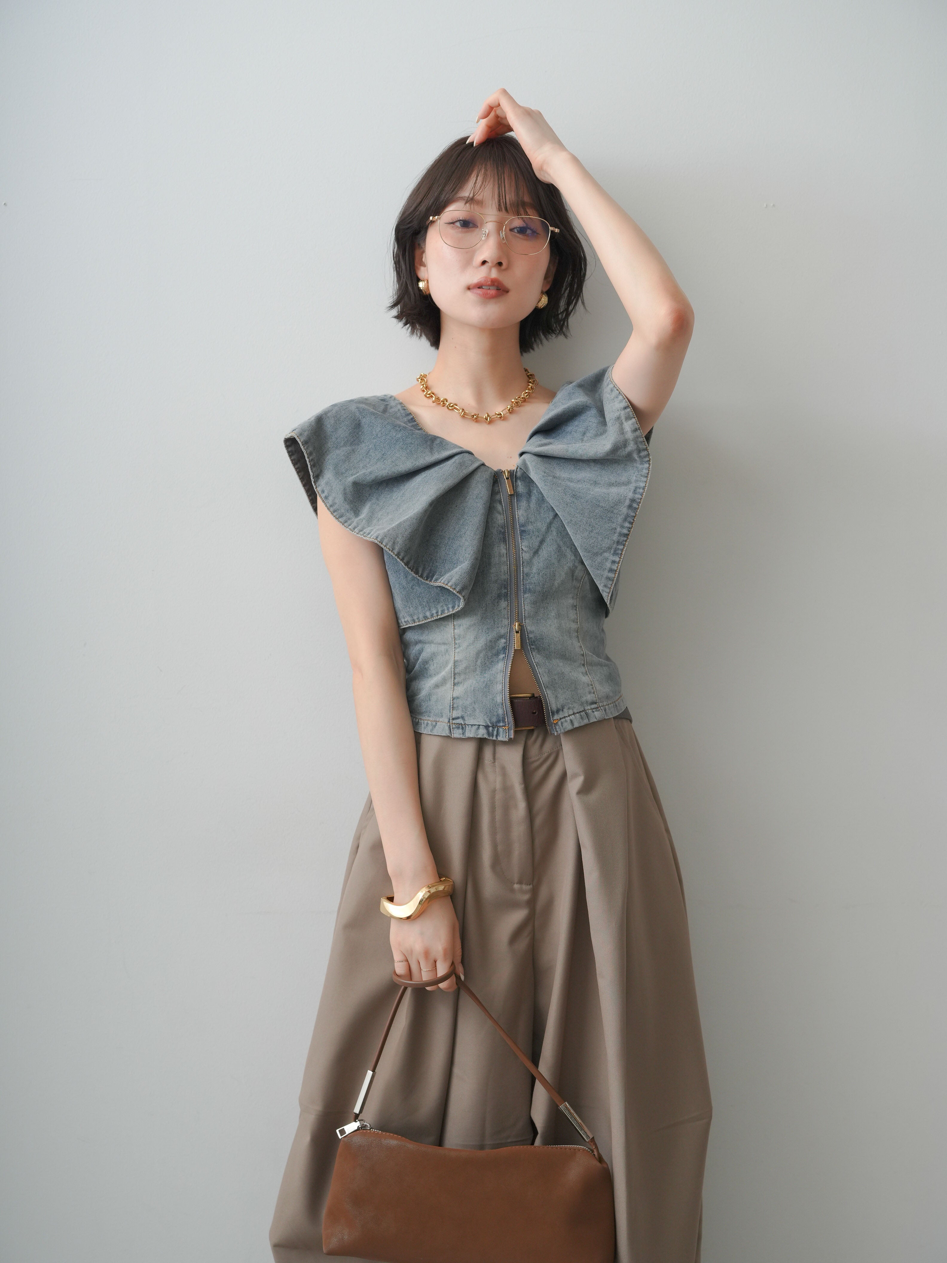 ベルトループ ワイドパンツ ブラウン 、センタージップ襟フリルデニムトップス SET]フロントジップフリルカラーデニムトップス+ベルトループカーブ