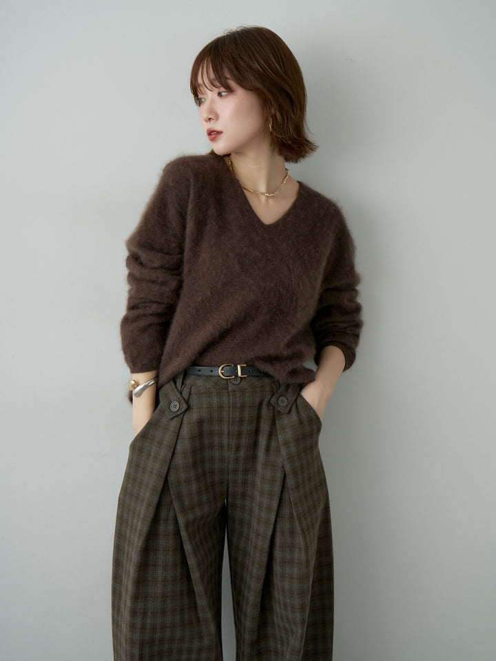 [SET]カシミア混フェザータッチVネックニットトップス+チェックサイドベルトデザインタックパンツ(2set)