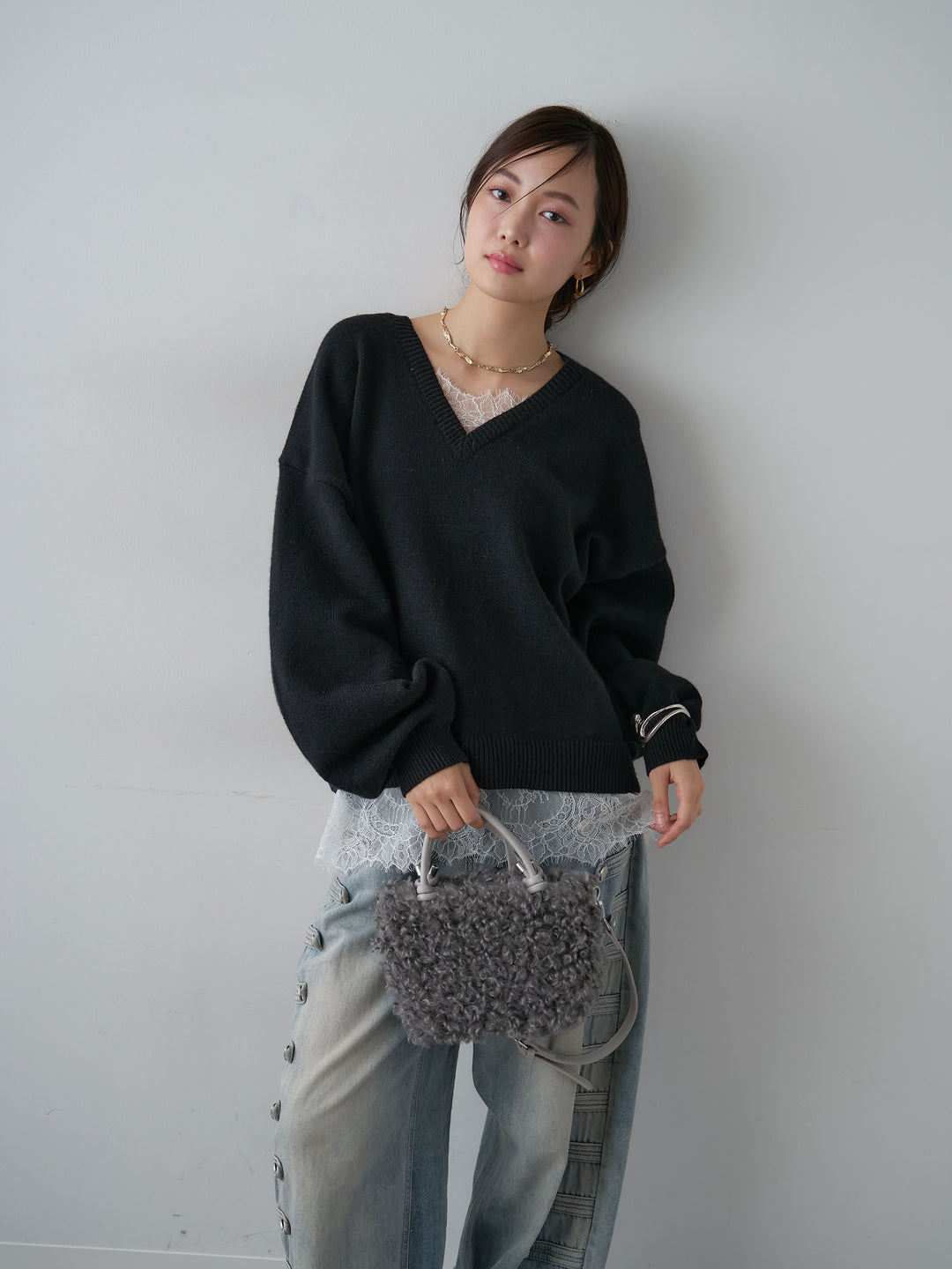 [SET]アルパカタッチレースドッキングVネックニットトップス+選べるアクセセット(2set)