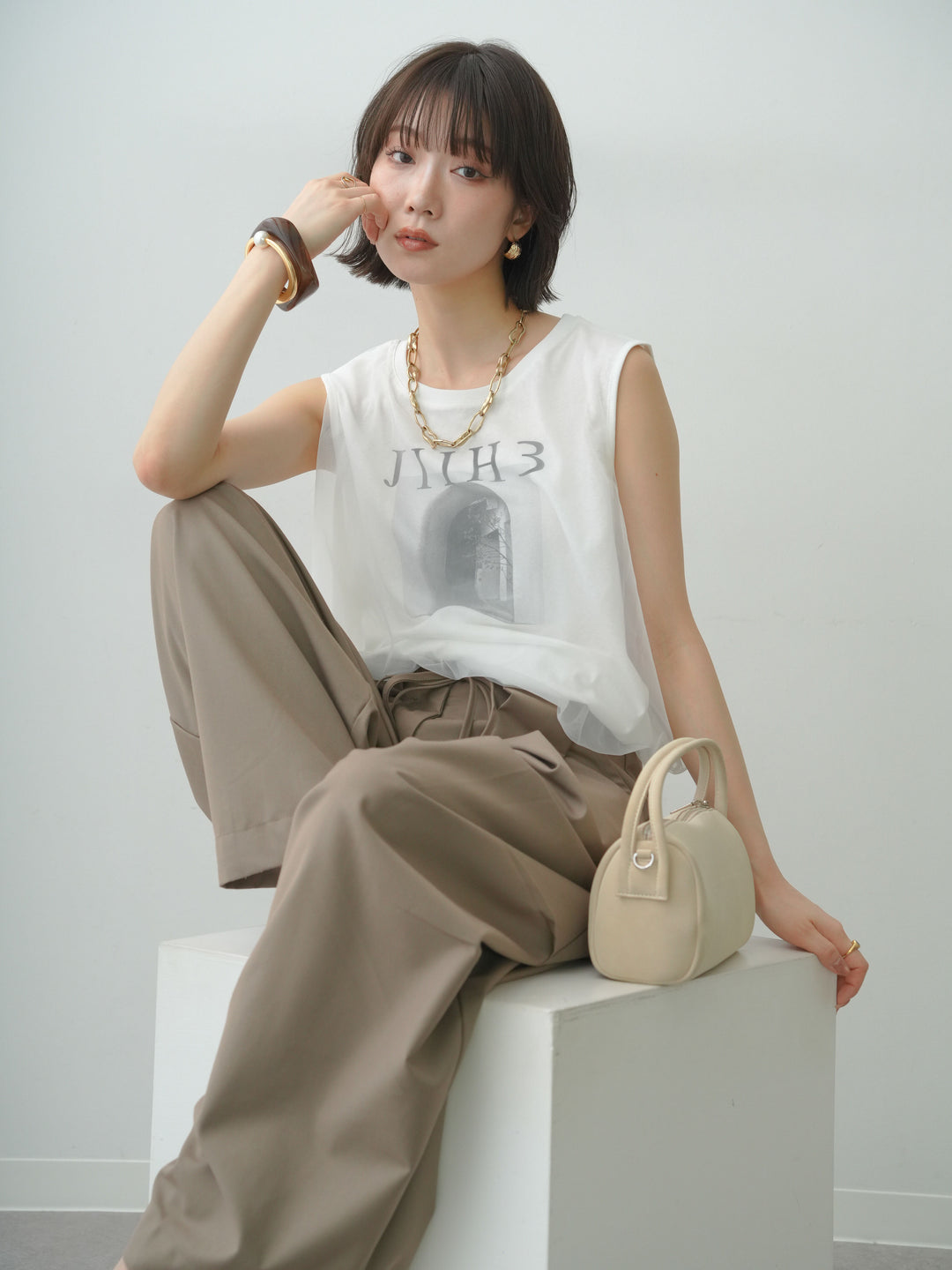 【套裝】薄紗層疊抽繩無袖T卹+腰帶環弧形褶襉闊腿褲（兩件套）
