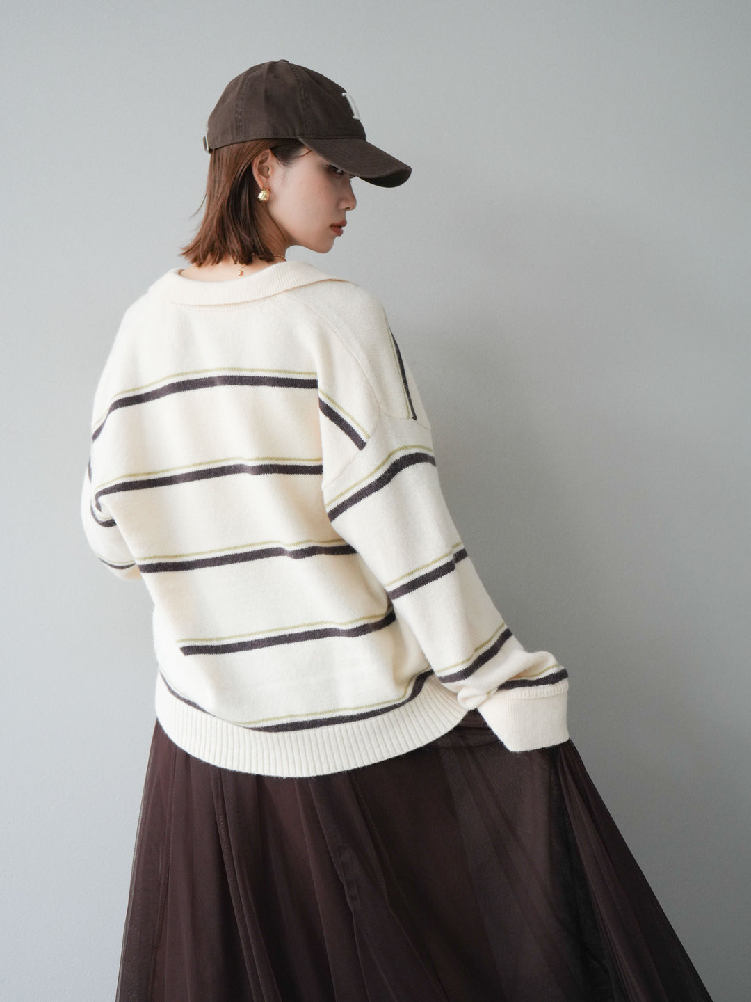 [SET]ポロ襟スキッパーボーダーニットプルオーバー+チュールボリュームスカート(2set)