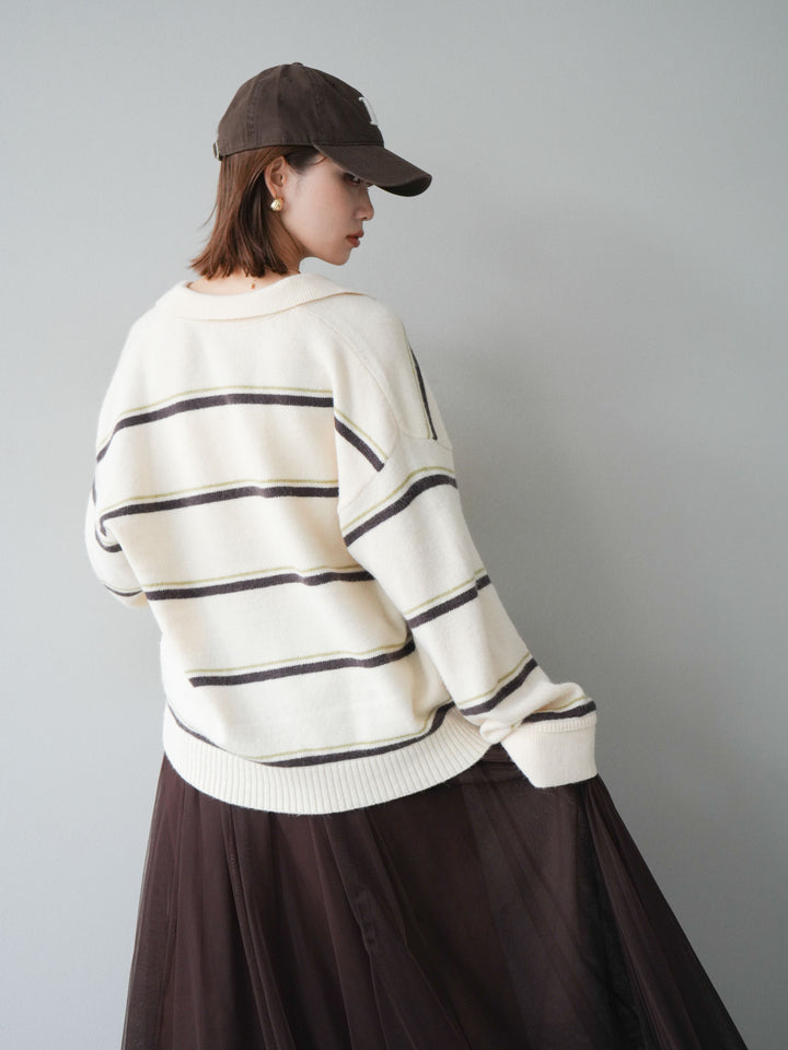 [SET]ポロ襟スキッパーボーダーニットプルオーバー+チュールボリュームスカート(2set)