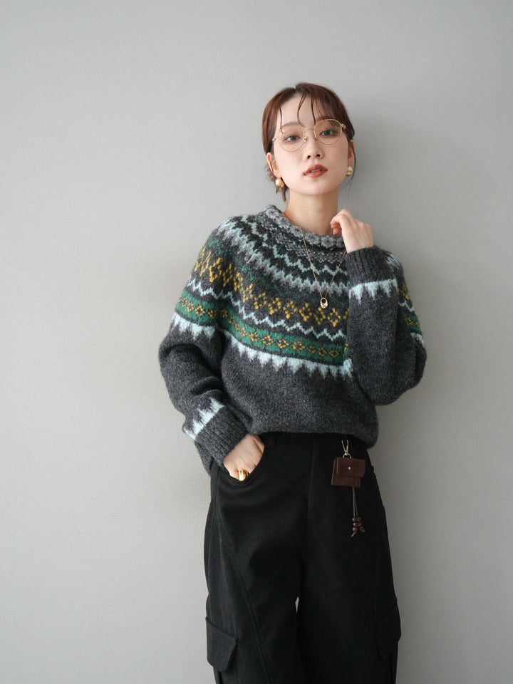 [予約]ウールタッチ求心柄オーバーニットプルオーバー/gray