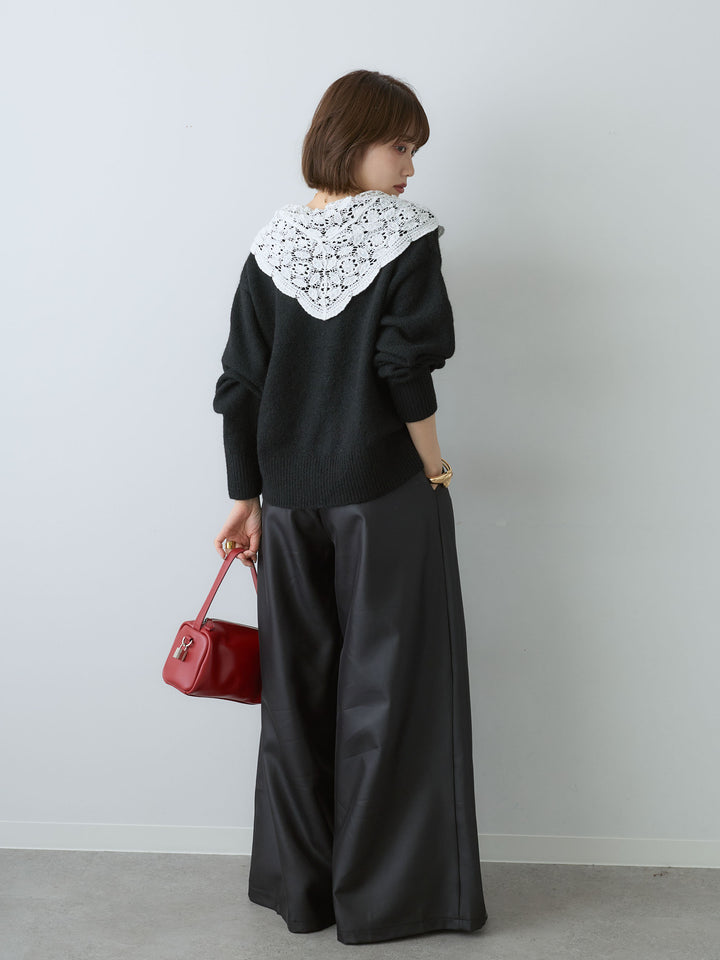 [SET]モヘアレースショールカラーカーディガン+サテンタックワイドパンツ(2set)
