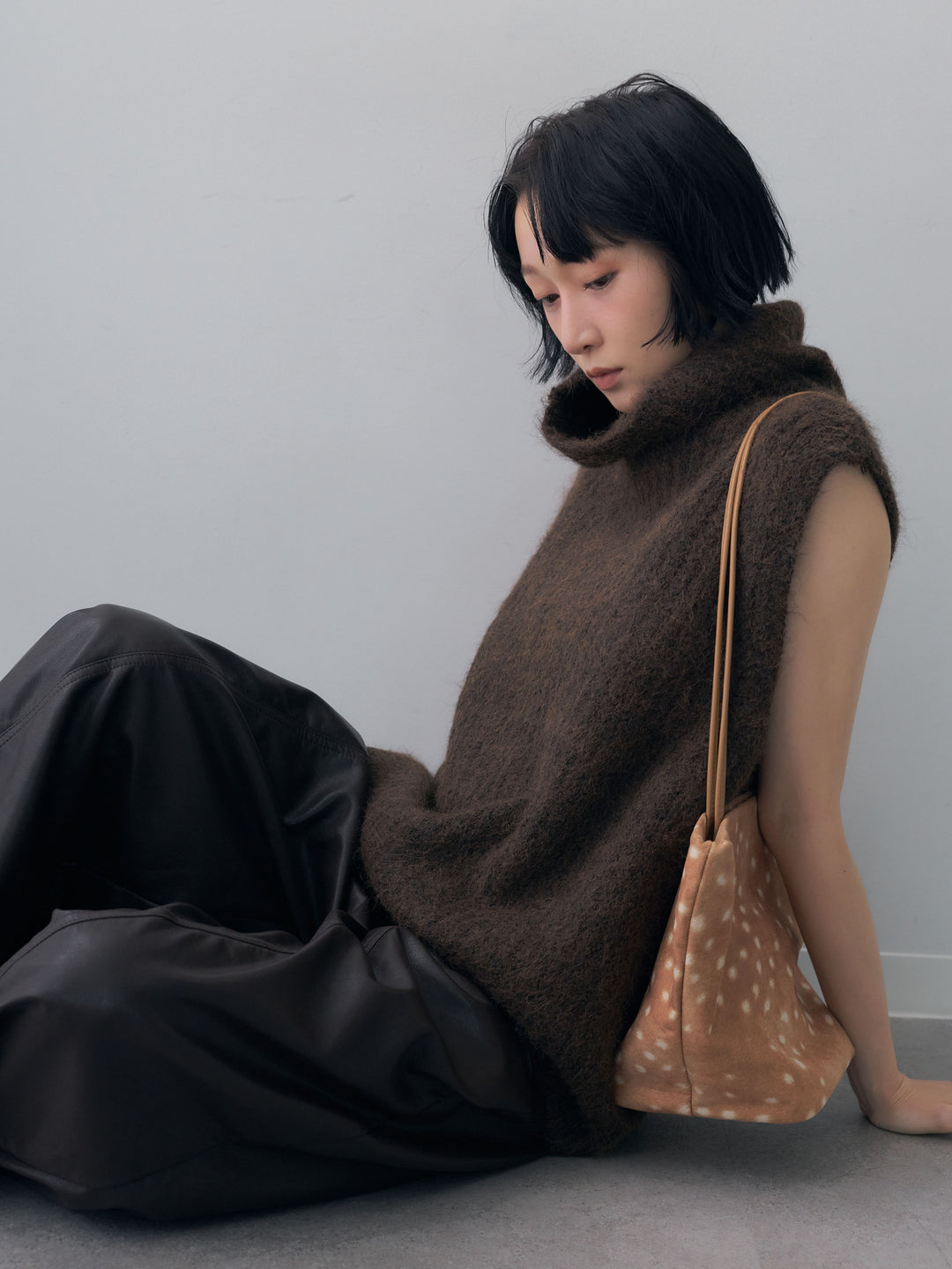 [SET]ハイネックシャギーオーバーニットベスト+フェイクレザーワイドパンツ(2set)