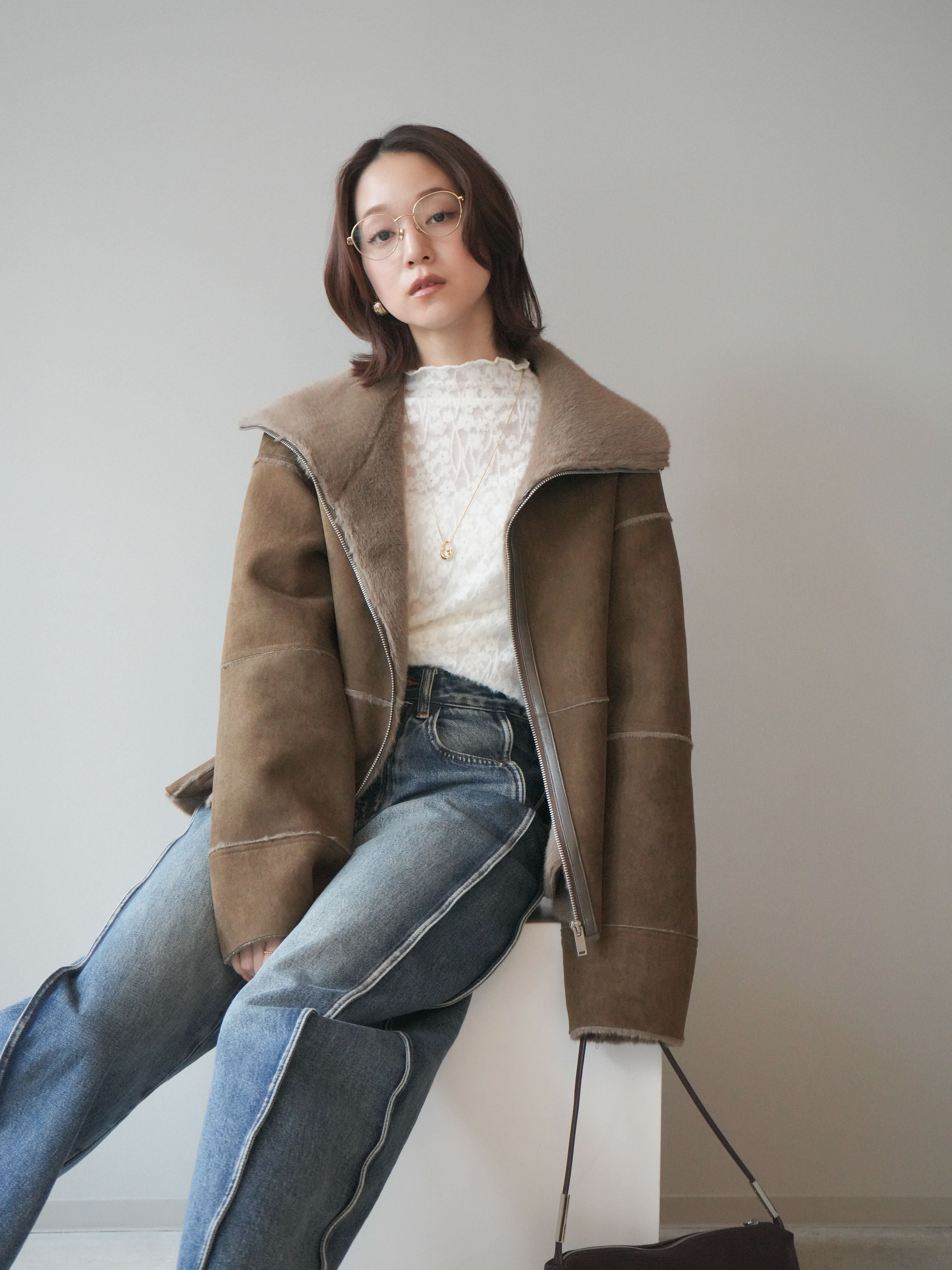 SET]スタンドカラームートンZIPジャケット+起毛レースプチネック