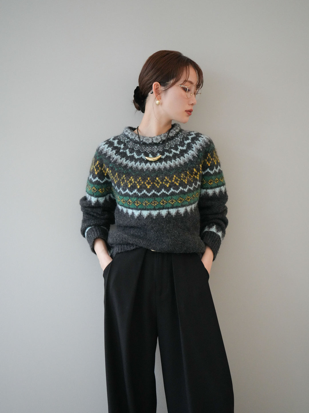 [予約]ウールタッチ求心柄オーバーニットプルオーバー/gray