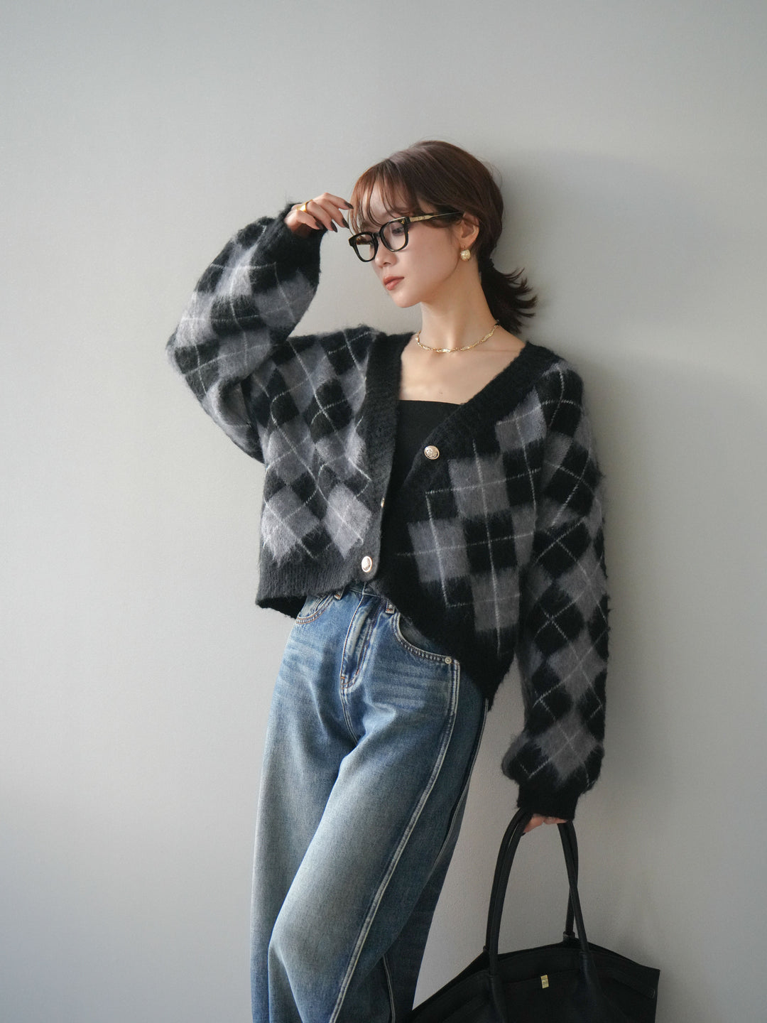 [予約]アーガイルシャギーニットカーディガン/gray