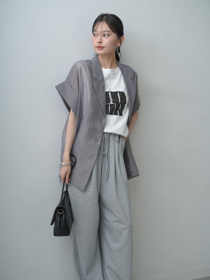 [SET]シアーオーバー半袖ジャケット+ショルダータックノースリーブオーバーTEE+リラックスドレープスウェットパンツ(3set)