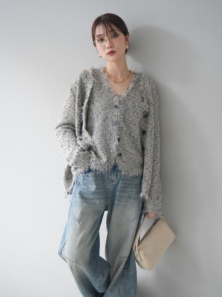 [予約]ネップフリンジニットカーディガン/khaki