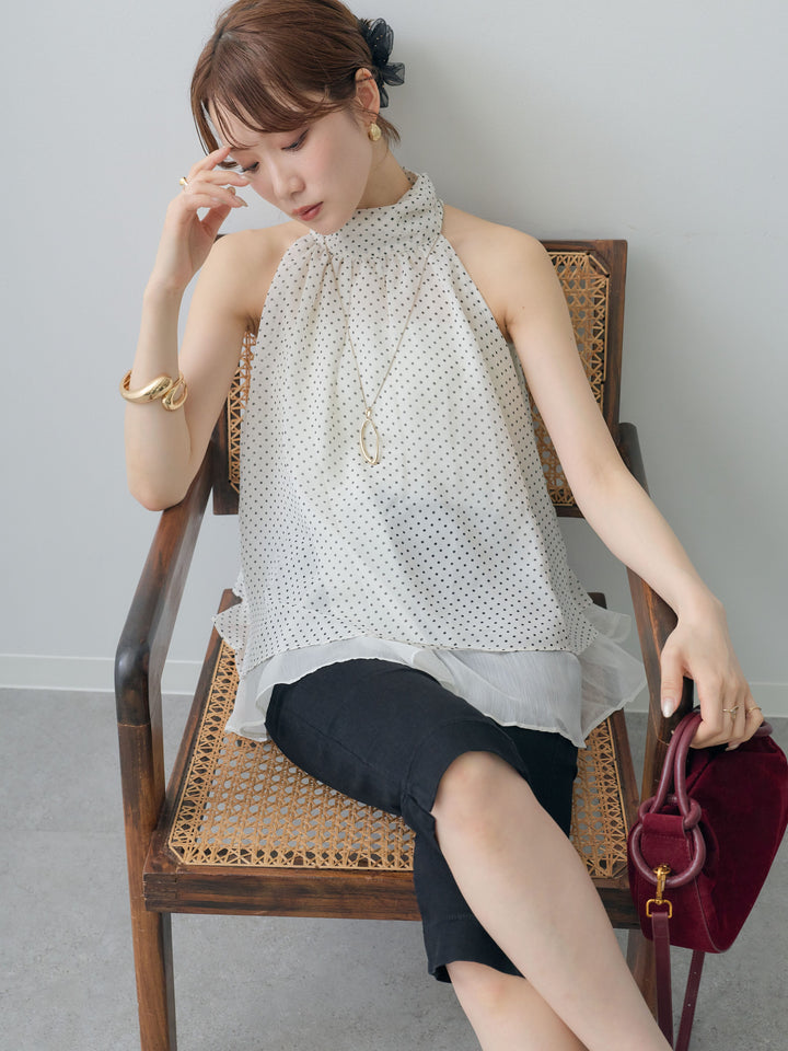 [SET]ドットレイヤードホルターブラウス+ストレッチカプリパンツ(2set)