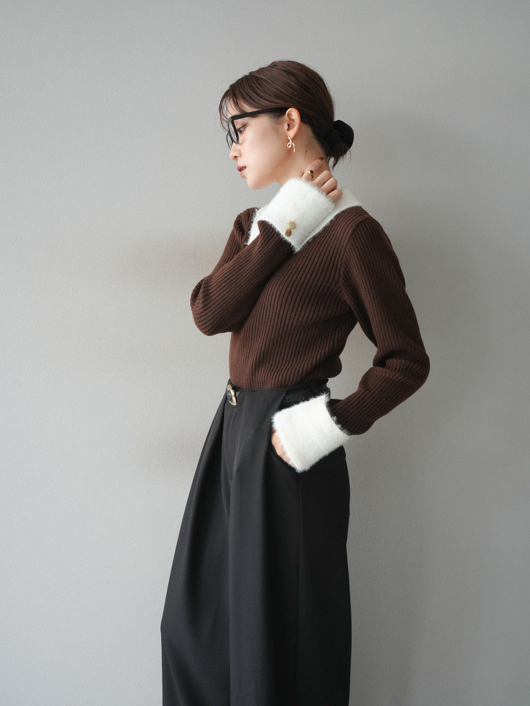 [SET]シャギー襟リブニットトップス+ベルトループデザインワイドパンツ(2set)