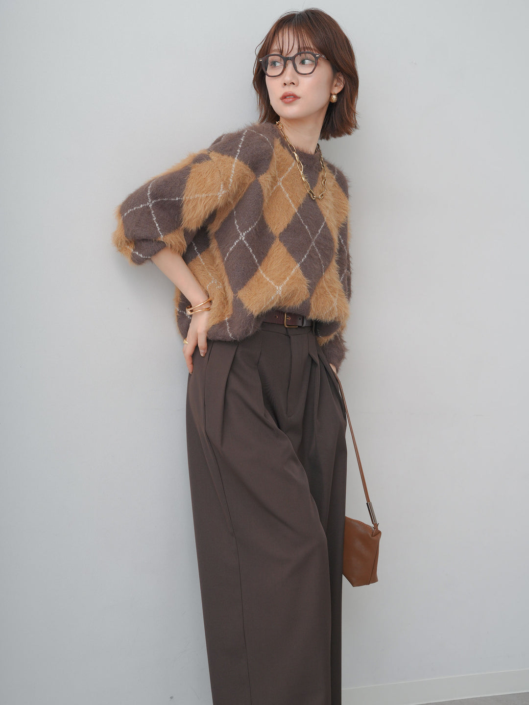 [予約]アーガイルシャギーニットトップス/brown