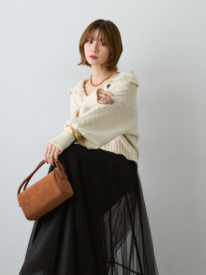 [SET]ケーブルショートニットカーディガン+選べるアクセセット(2set)