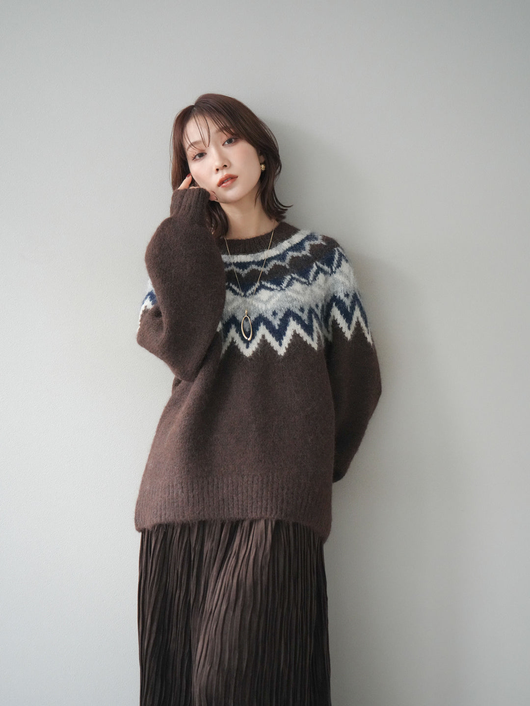 [予約]求心柄オーバーニットプルオーバー/brown