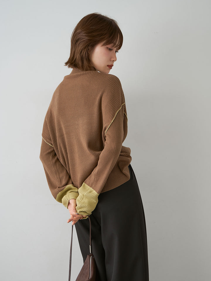 [予約]バイカラーモックネックリブニットトップス/brown