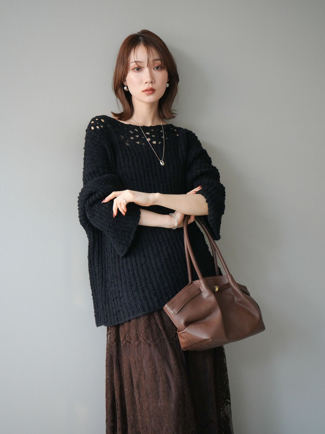 [予約]ボートネック透かし編みニットプルオーバー/navy